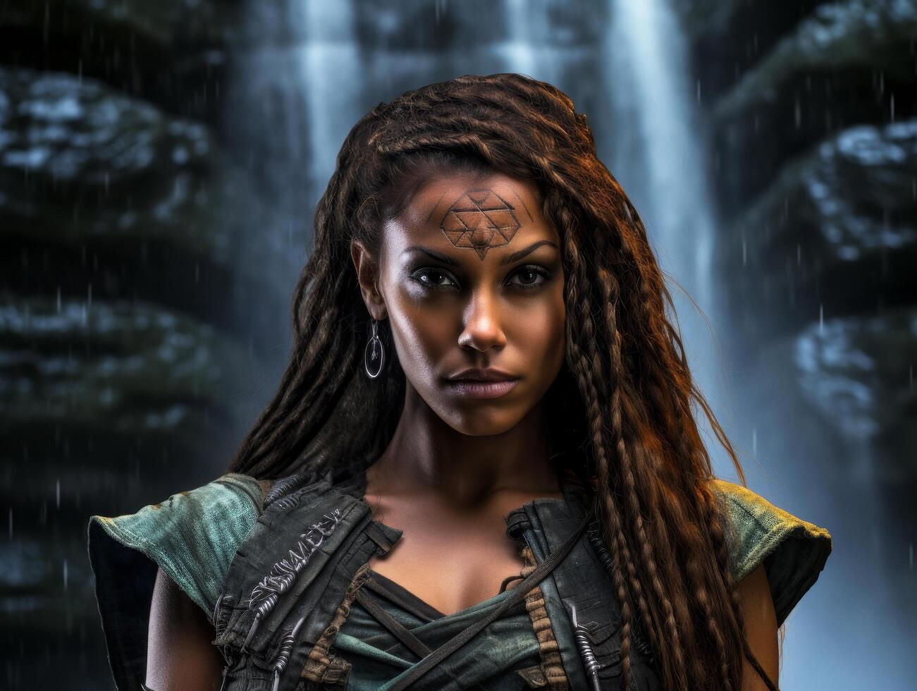 powerful female warrior in front of waterfall photo