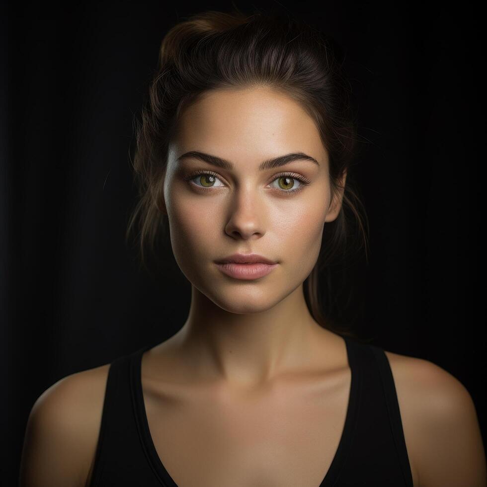 Intense gaze of a young woman with dark hair photo