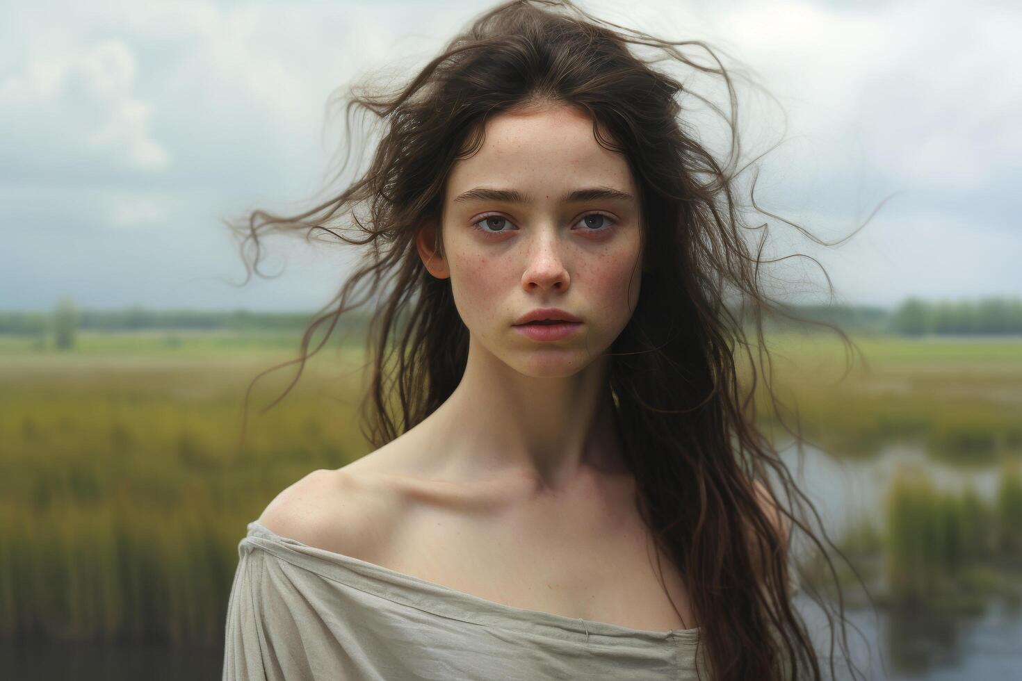 Windblown woman in field photo