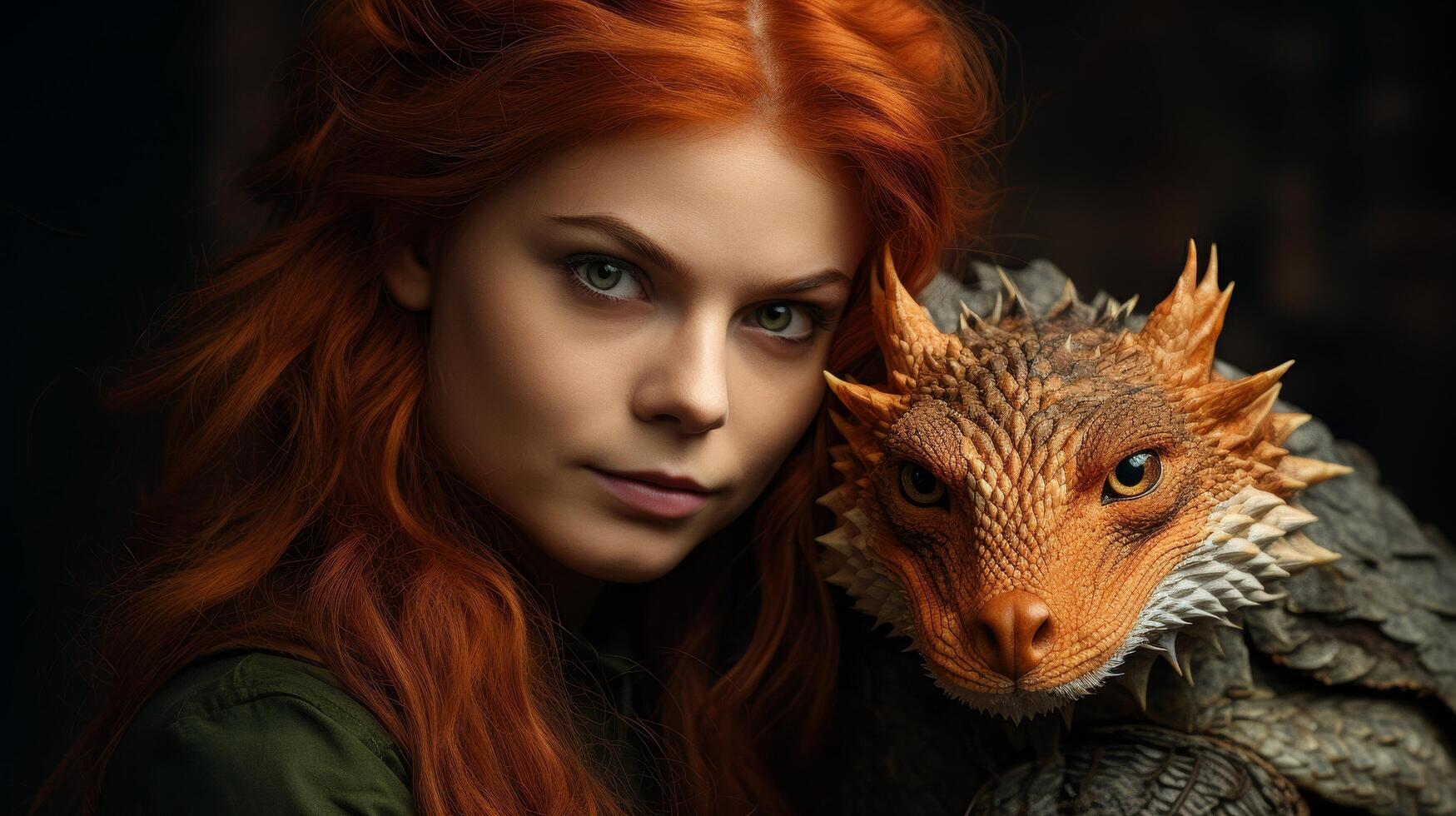 Fierce redheaded woman with dragon photo