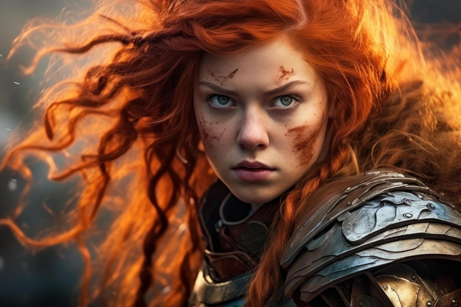 Fierce warrior woman with flowing red hair photo
