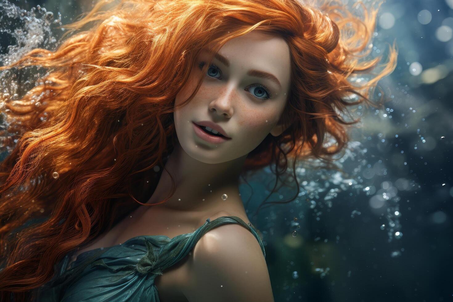 Enchanting redhead mermaid in the sea photo