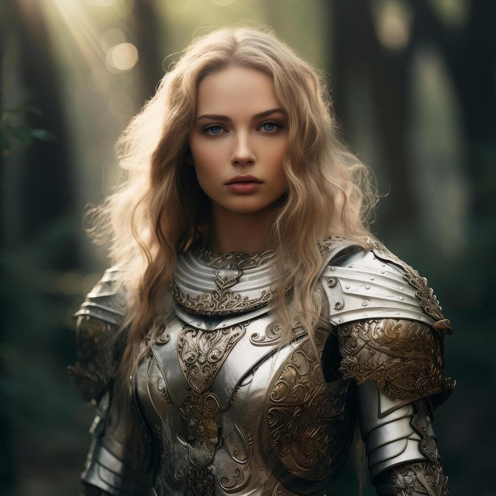 Fierce warrior woman in ornate armor photo