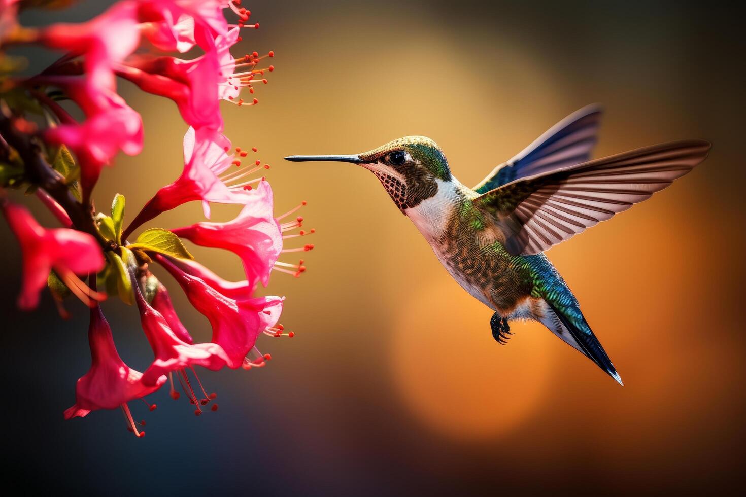 Hummingbird feeding on vibrant pink flower photo