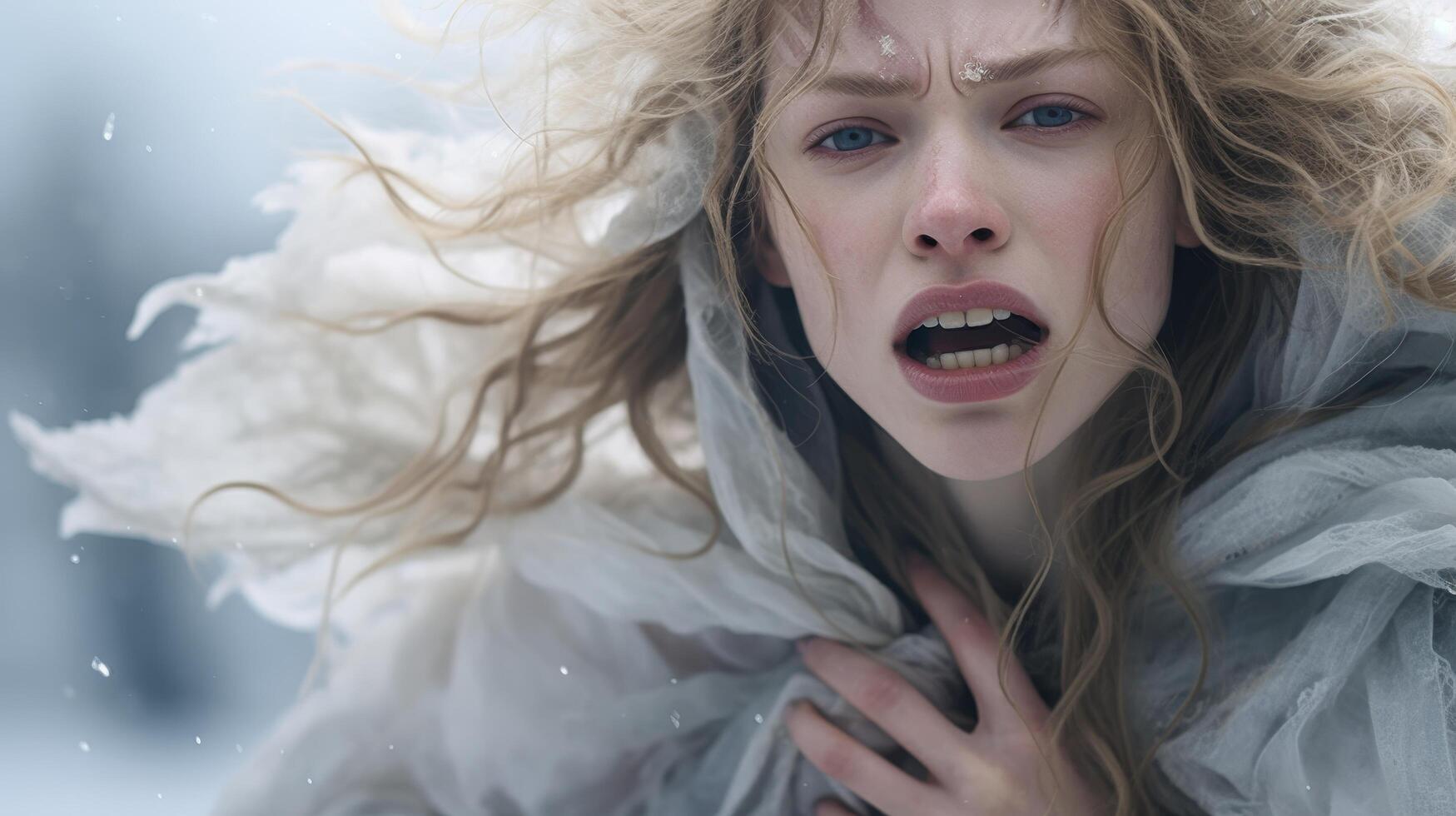 Dramatic portrait of a young woman in the wind photo