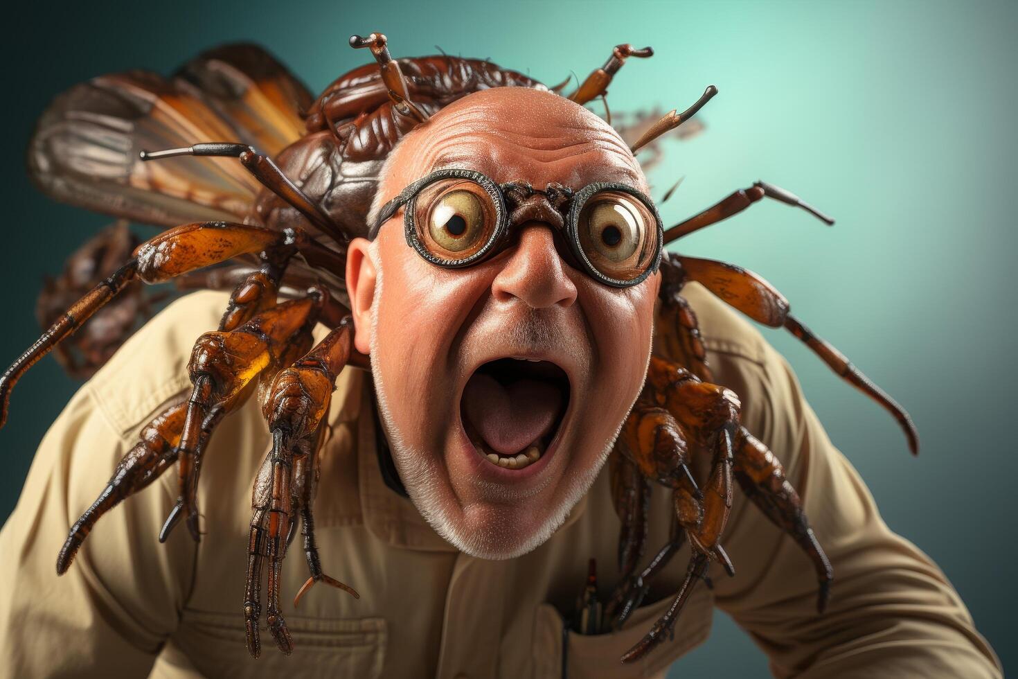 Surprised man with large insect on face photo
