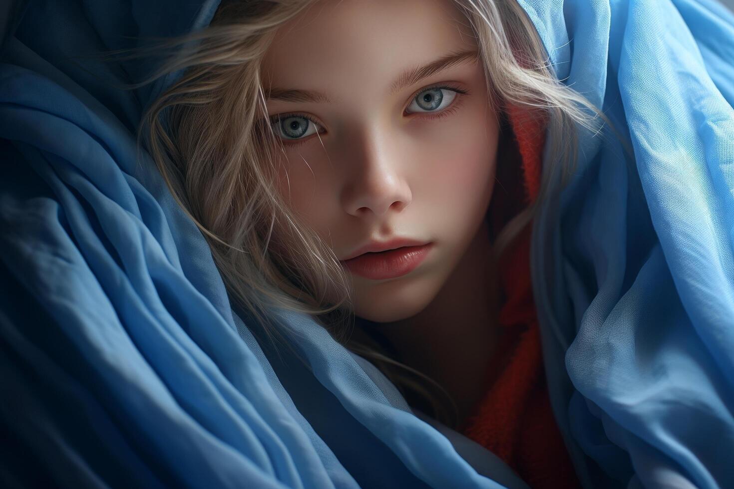 Pensive young woman with blue eyes and red scarf photo