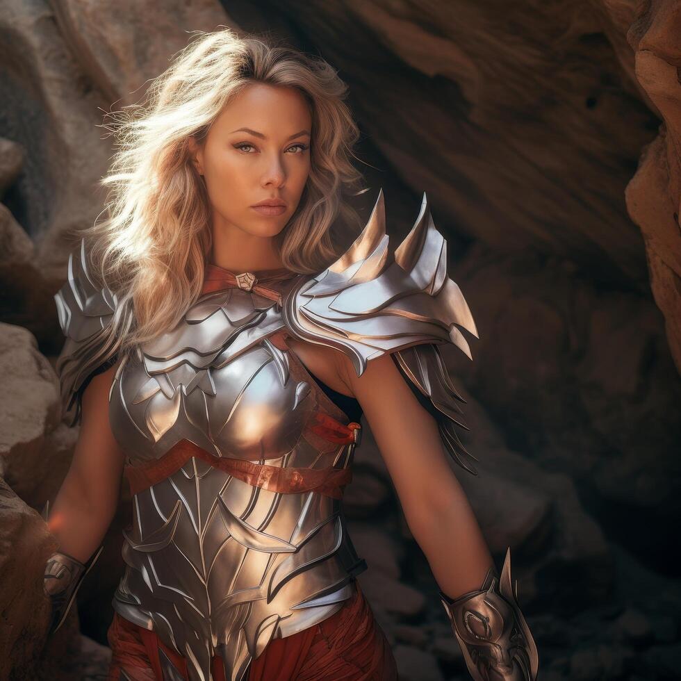 Powerful warrior woman in futuristic armor photo
