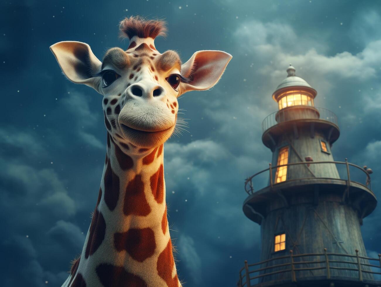 curious giraffe gazing at lighthouse in stormy sky photo