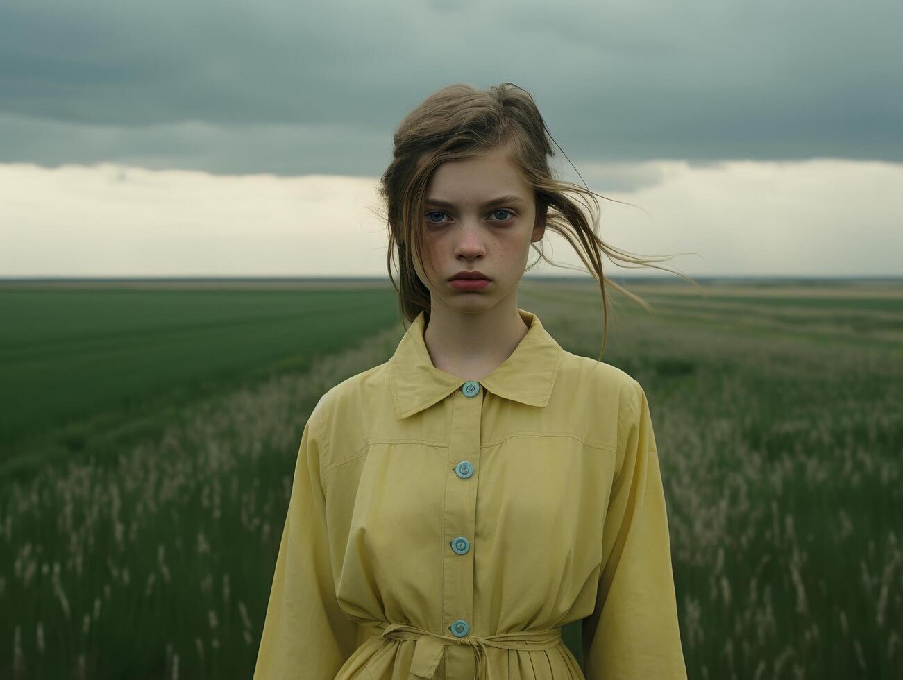 woman in yellow coat standing in field photo