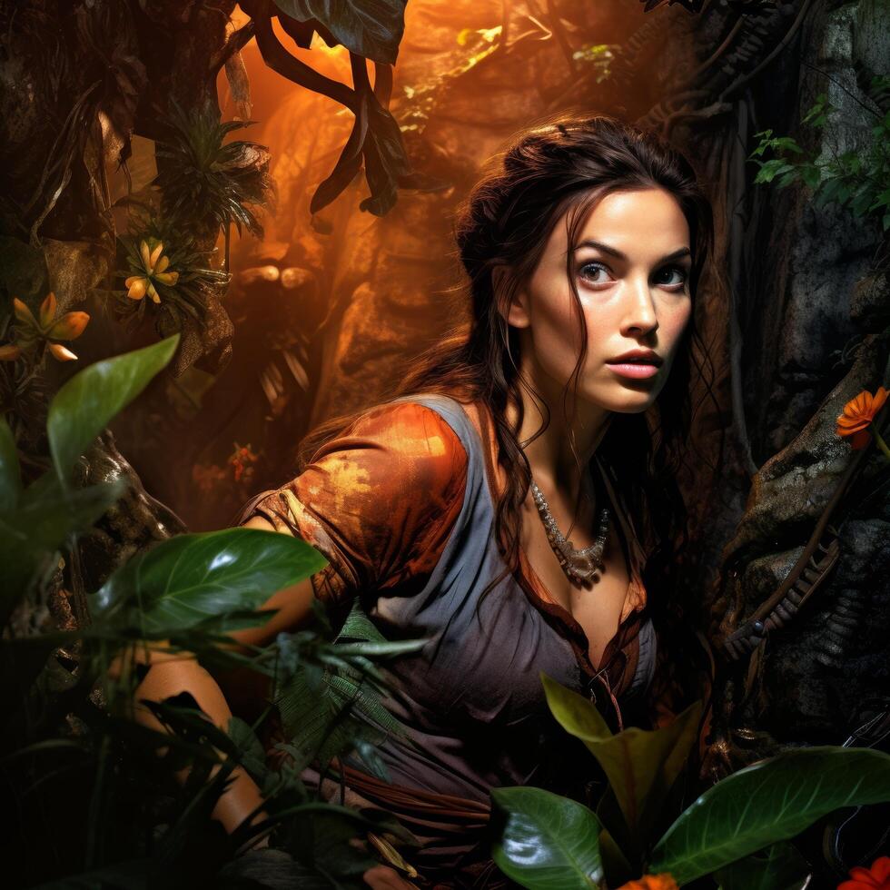 Mysterious woman in lush jungle landscape photo
