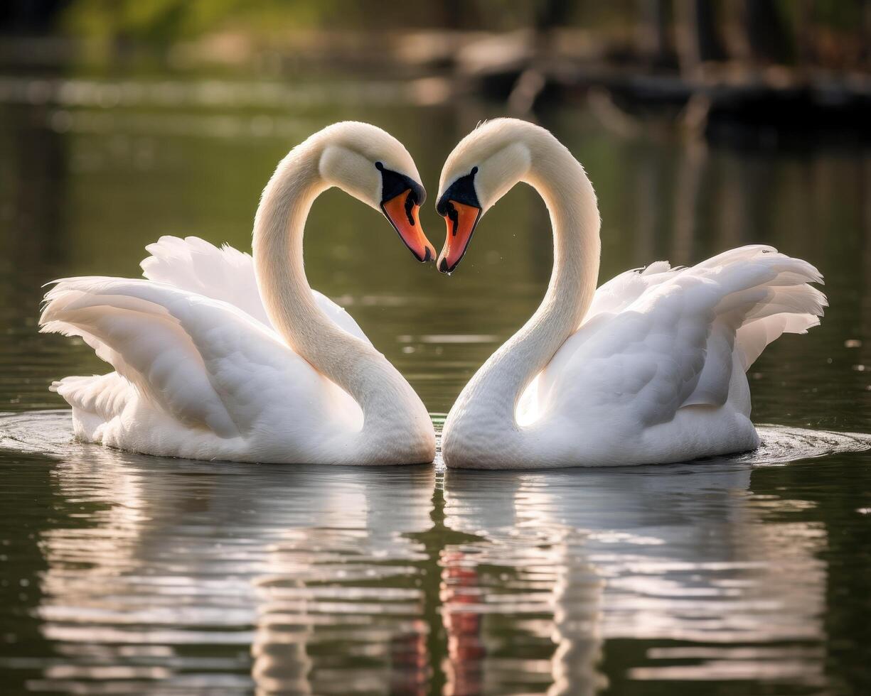 Pair of white swans forming a heart shape in the water photo