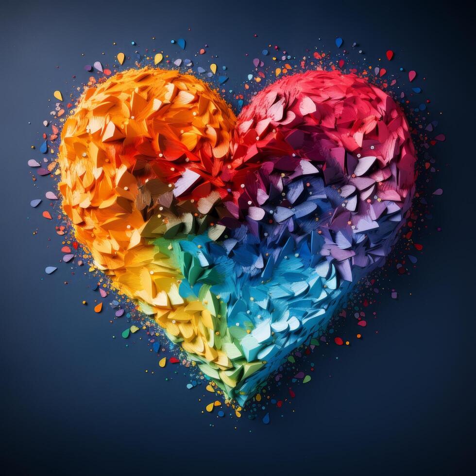 Vibrant rainbow heart made of feathers and glitter photo