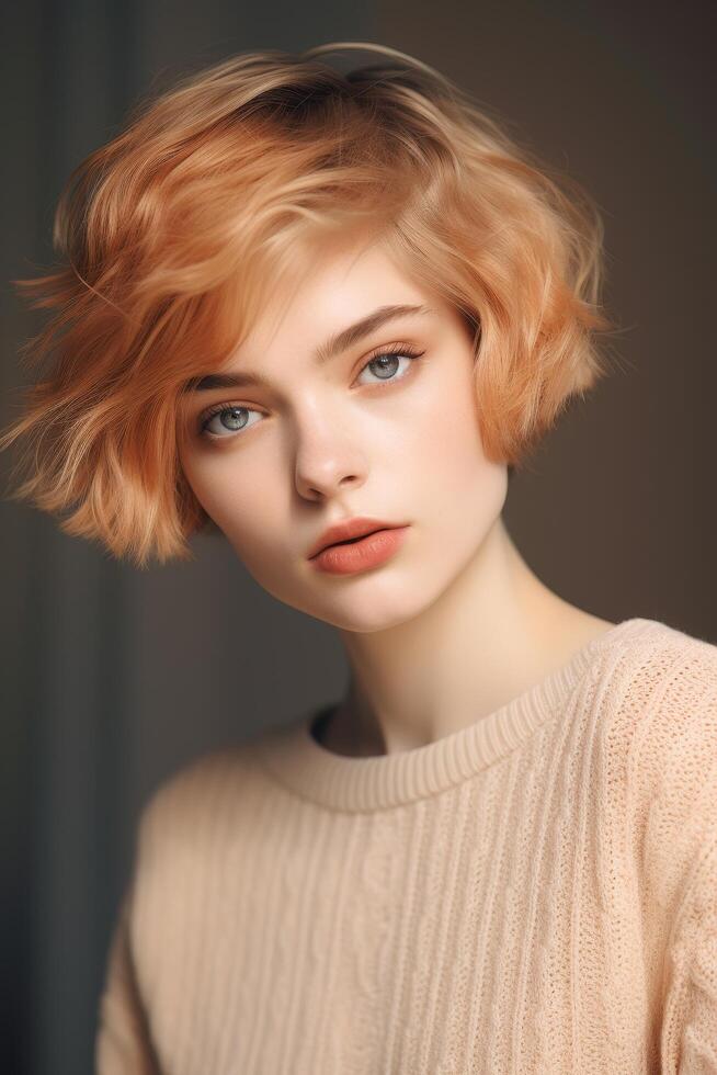 Stylish young woman with wavy blonde hair photo