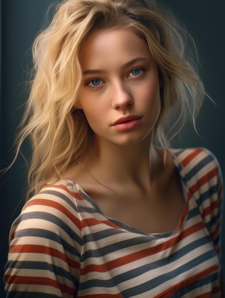 Thoughtful young woman with wavy blonde hair photo