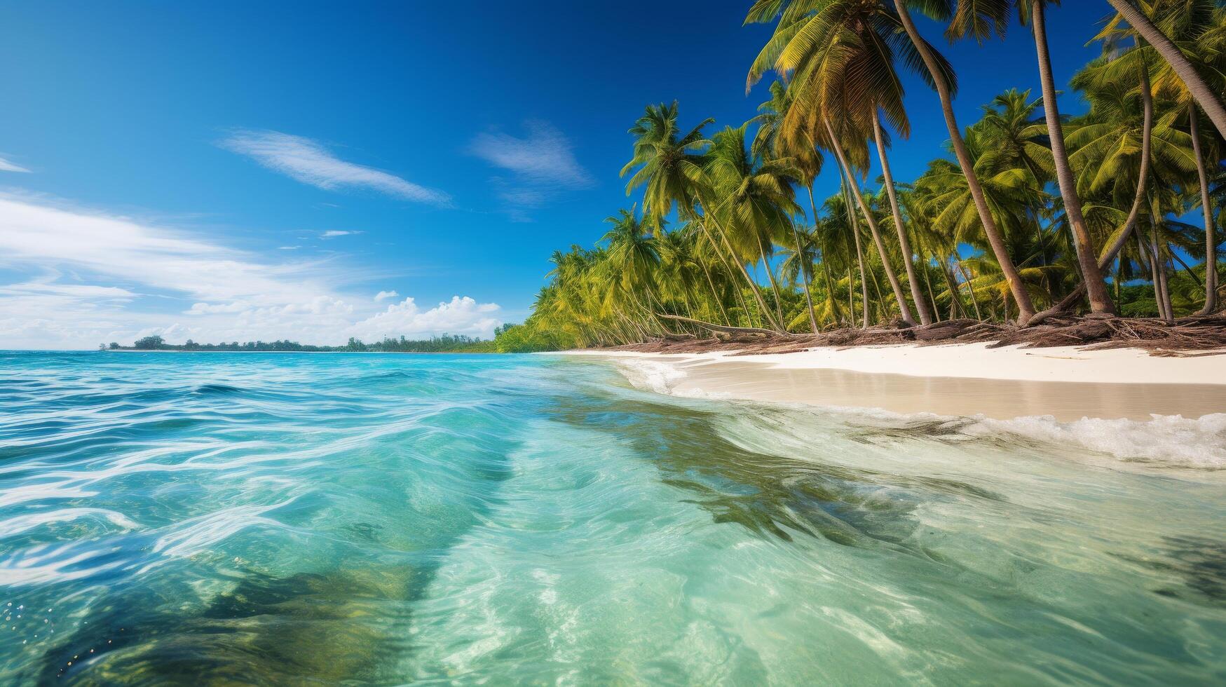 Tropical beach paradise with turquoise waters and palm trees photo