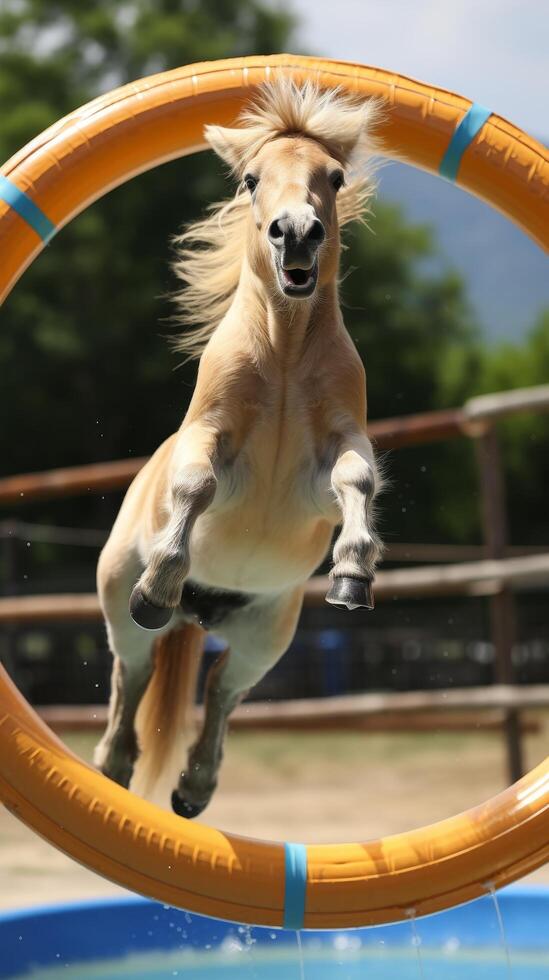 Playful pony jumping through hoop photo