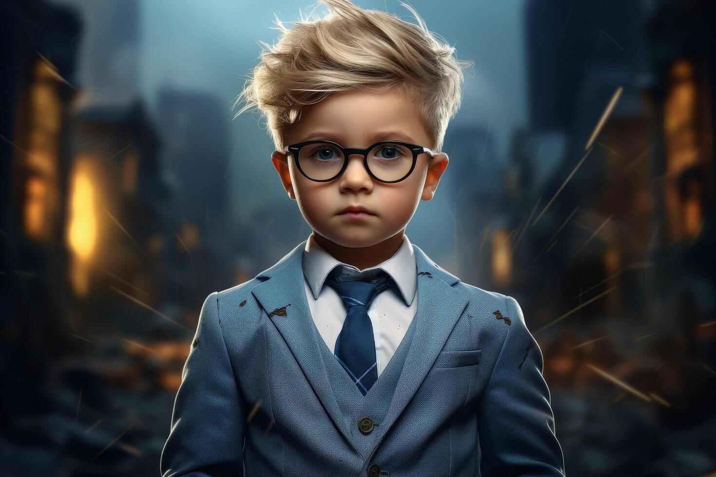 young boy in formal attire with serious expression photo