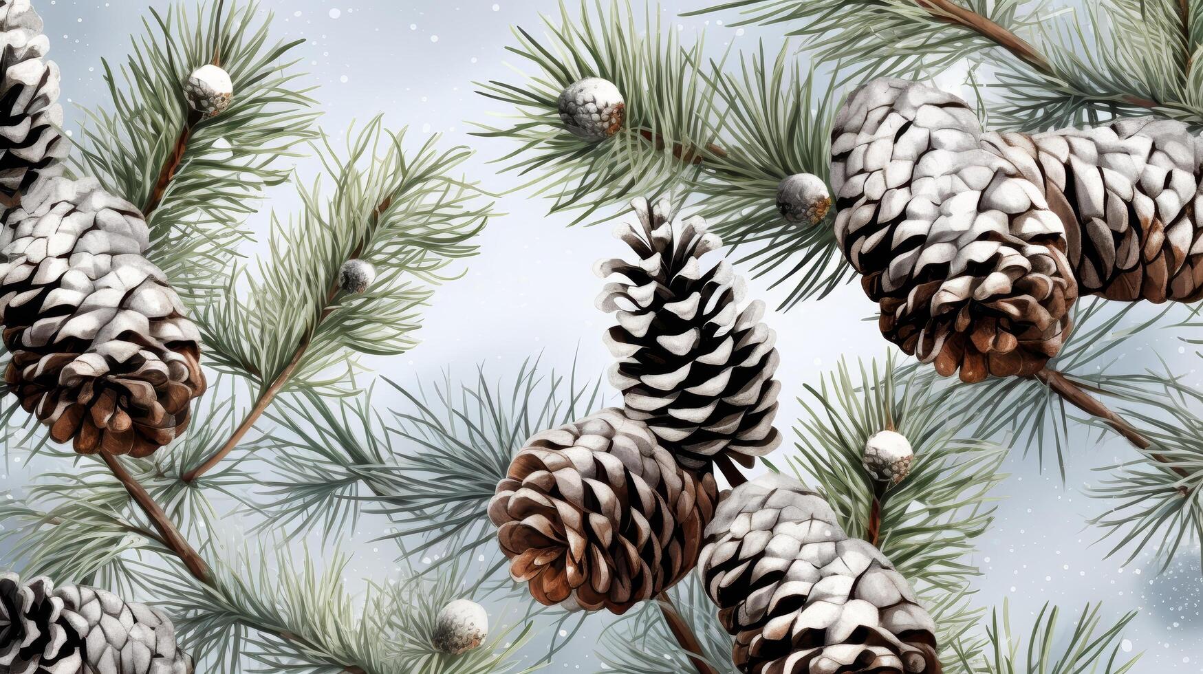 Snowy pine branches and pine cones photo