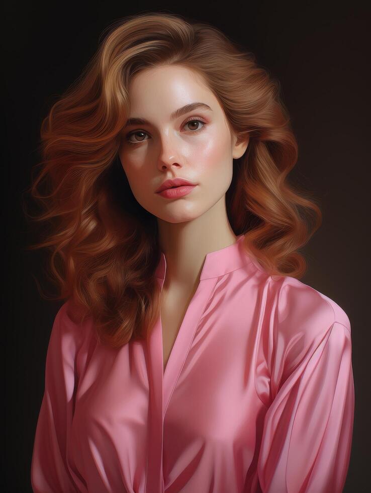 Glamorous woman with flowing red hair and pink dress photo