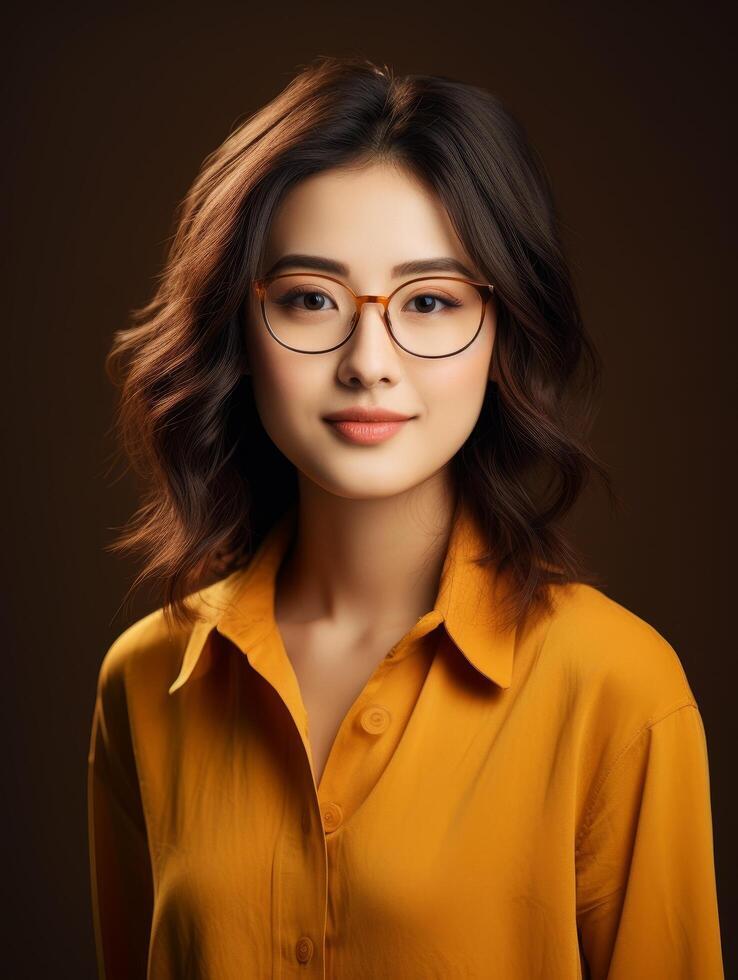 Stylish young woman in yellow shirt and glasses photo