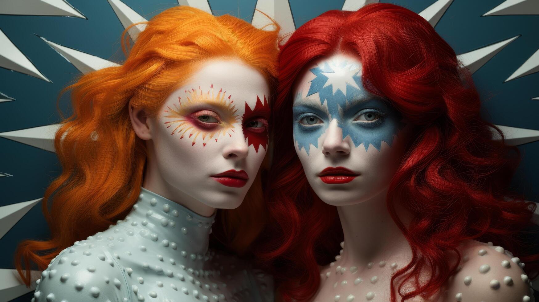 Two women with vibrant red hair and intricate face paint photo