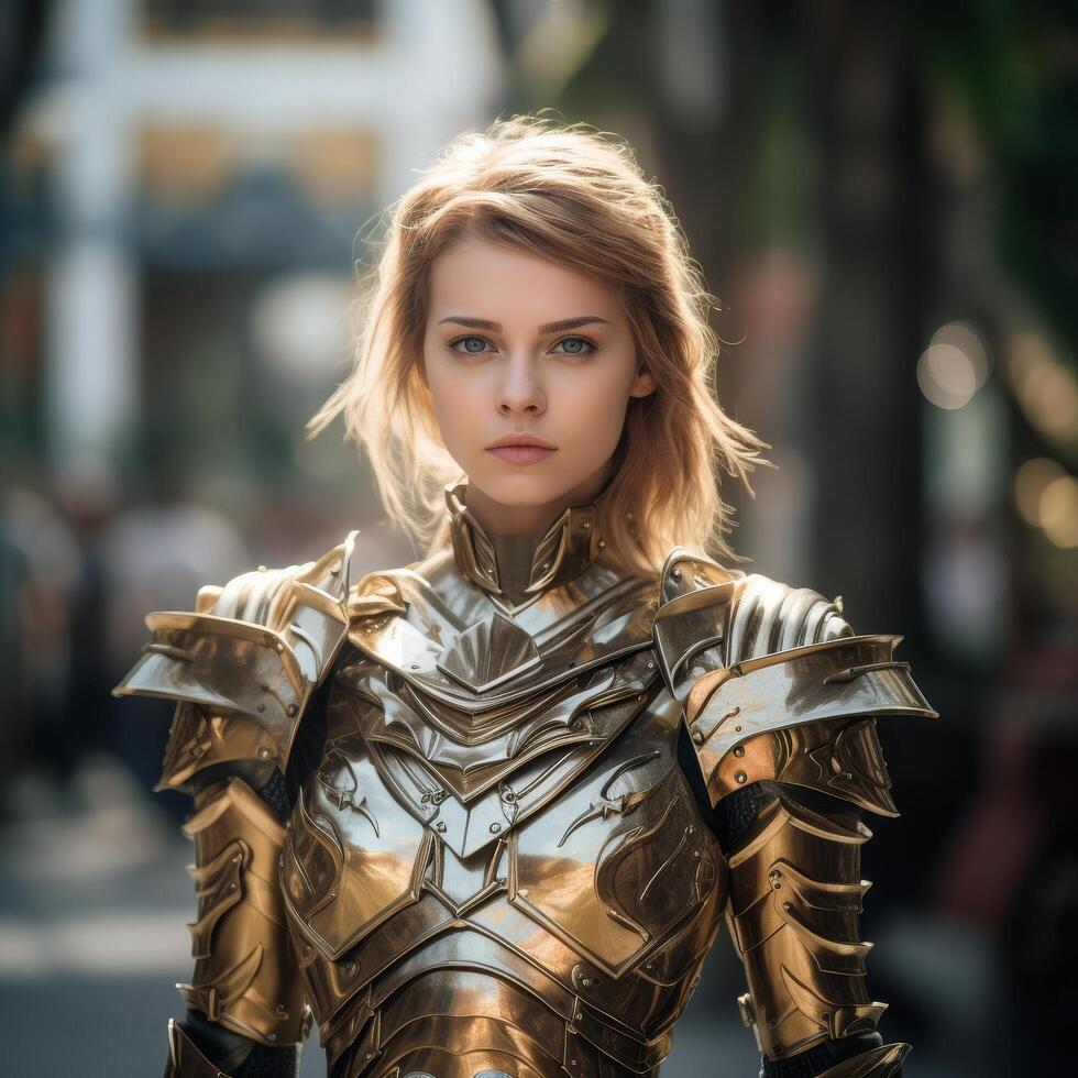 Warrior woman in golden armor photo