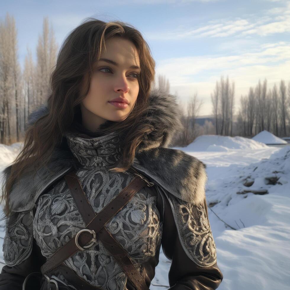 woman in winter clothing in snowy landscape photo