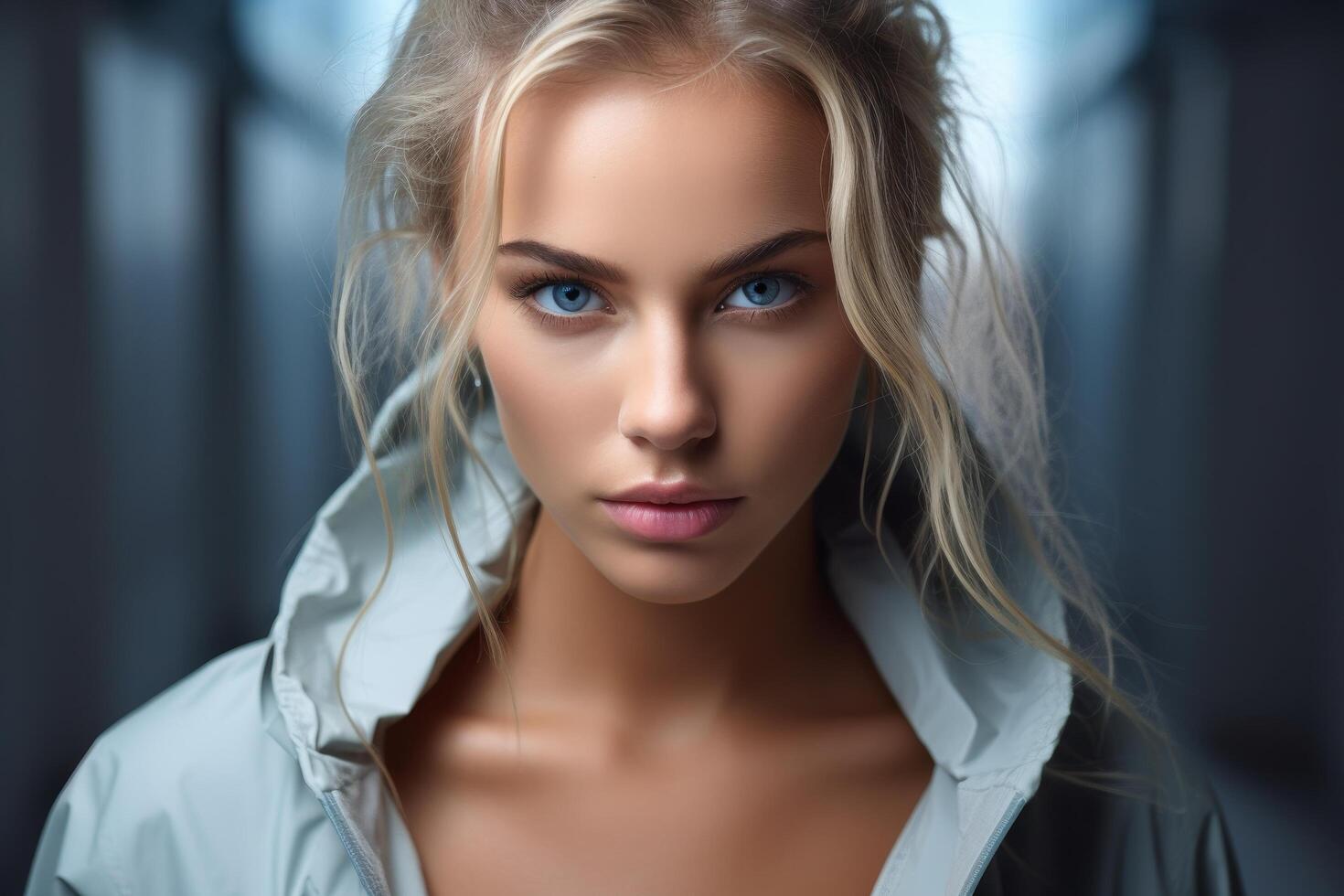 Captivating blonde woman with striking blue eyes photo