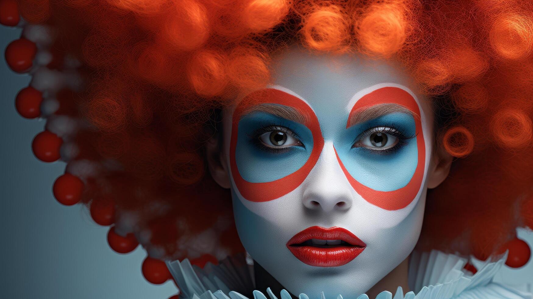 dramatic makeup portrait of a woman with vibrant red hair and bold facial paint photo