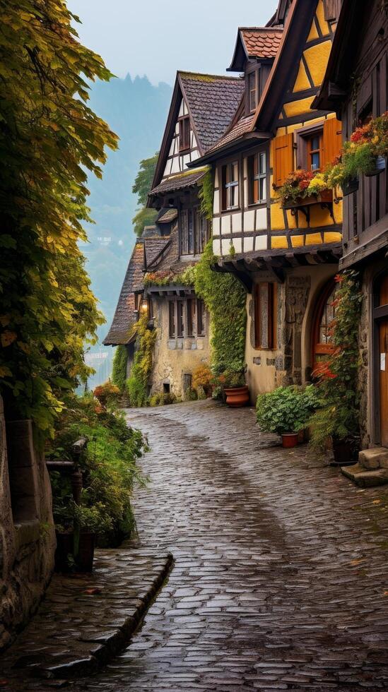 Charming cobblestone street in a quaint european village photo