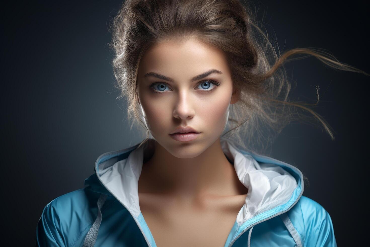 Intense gaze of a young woman with windblown hair photo