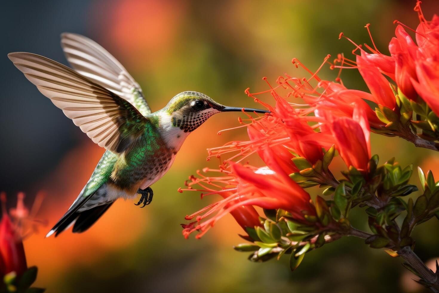 Hummingbird feeding on vibrant red flower photo