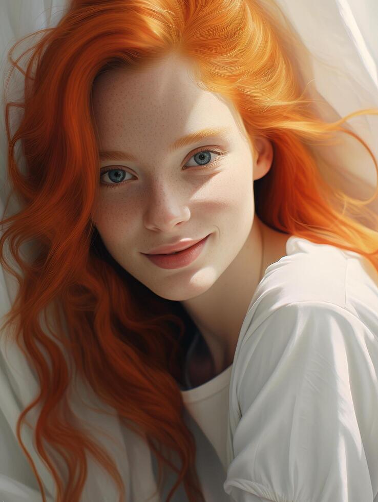 Vibrant redhead with striking blue eyes photo
