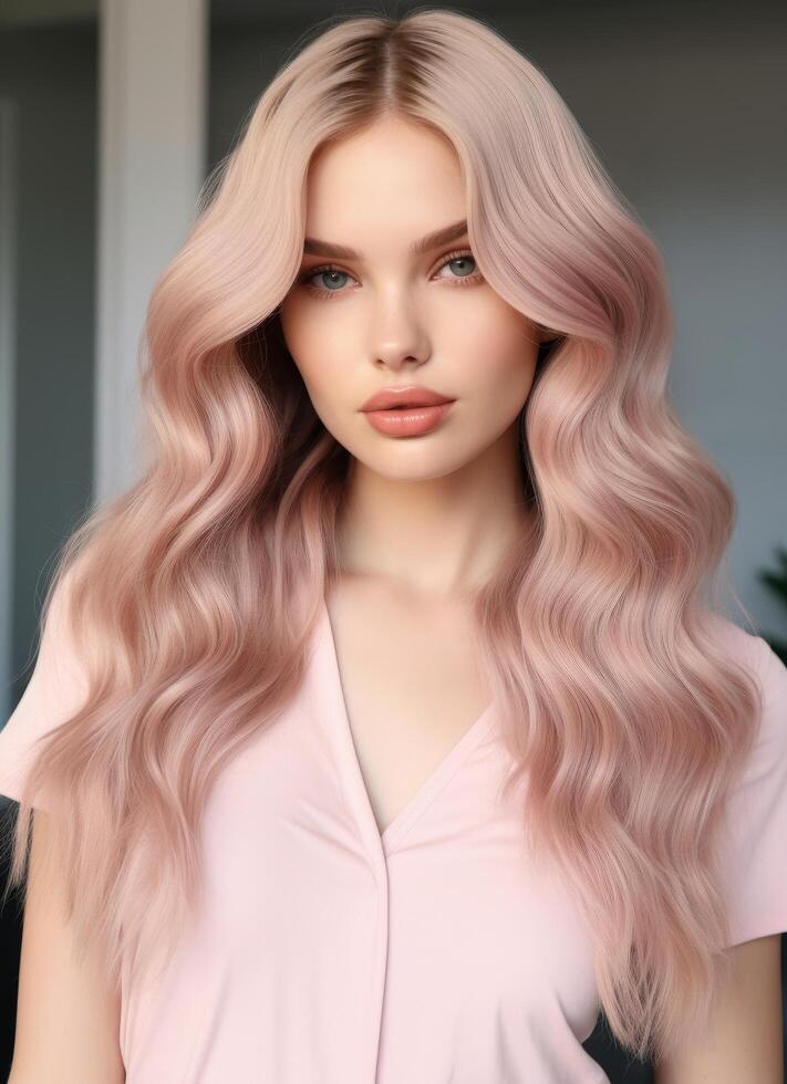 beautiful woman with long wavy pink hair photo