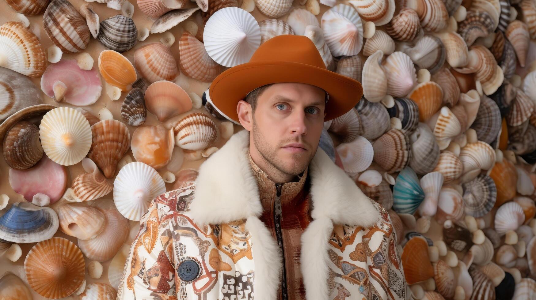 man in fur coat and hat surrounded by seashells photo