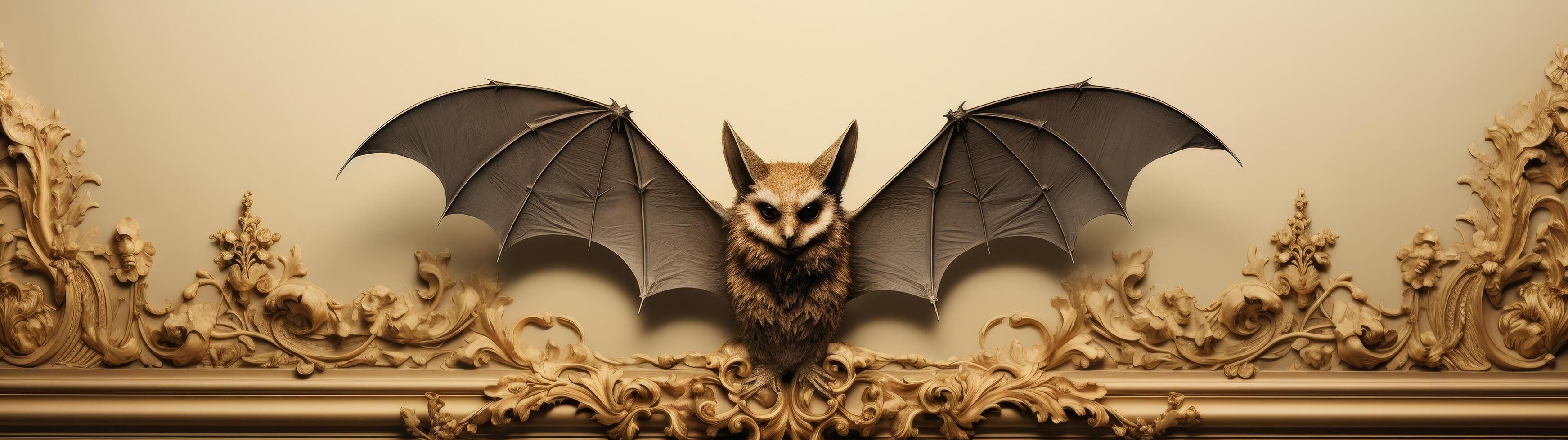 Winged creature with bat like wings perched on ornate golden frame photo
