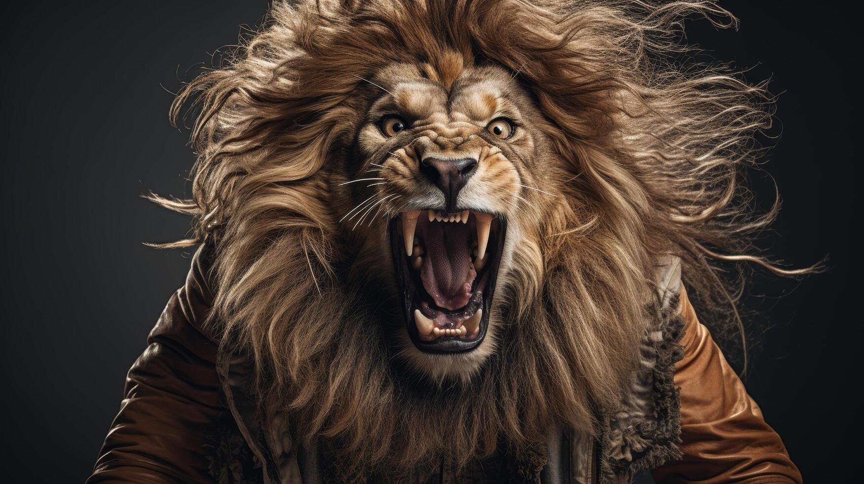 Fierce roaring lion with flowing mane photo
