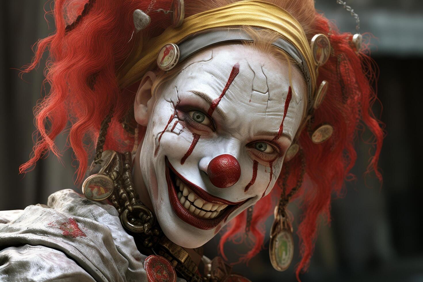 Creepy clown with red hair and makeup photo