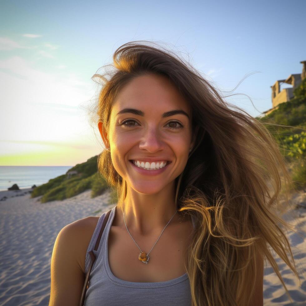 Smiling woman with windblown hair on beach photo