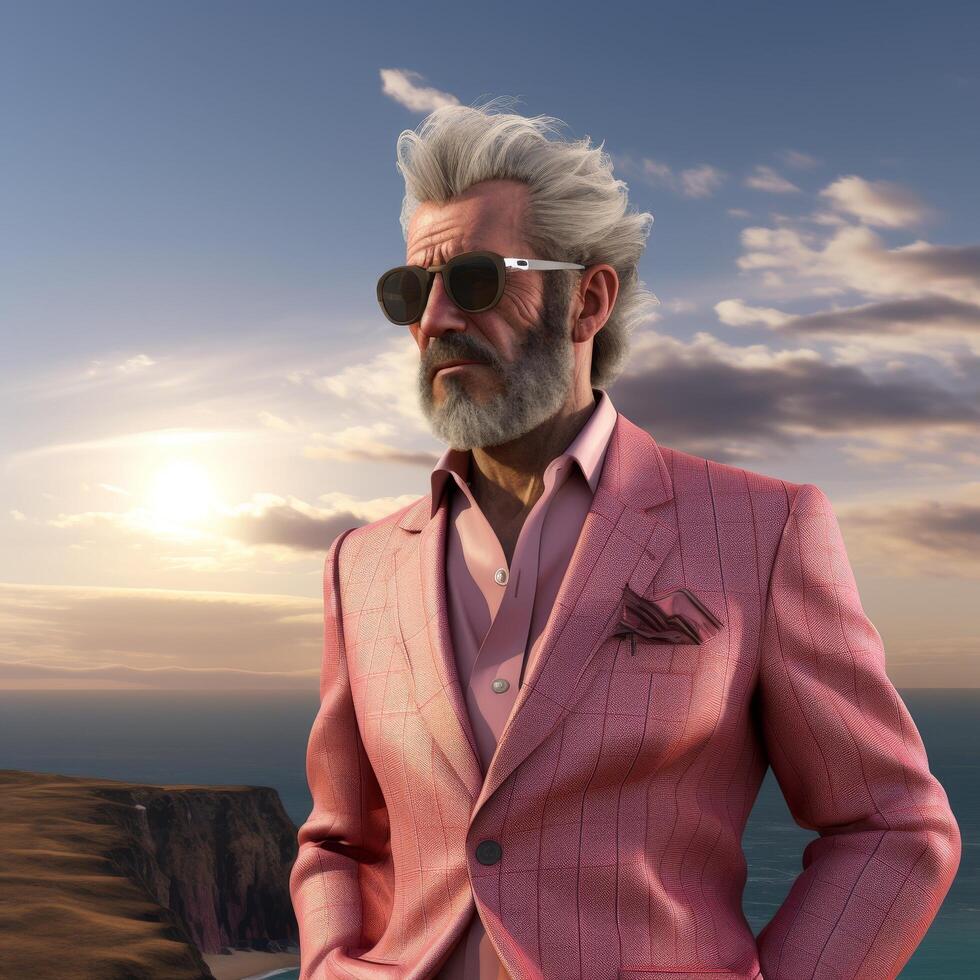 stylish mature man in pink suit and sunglasses photo