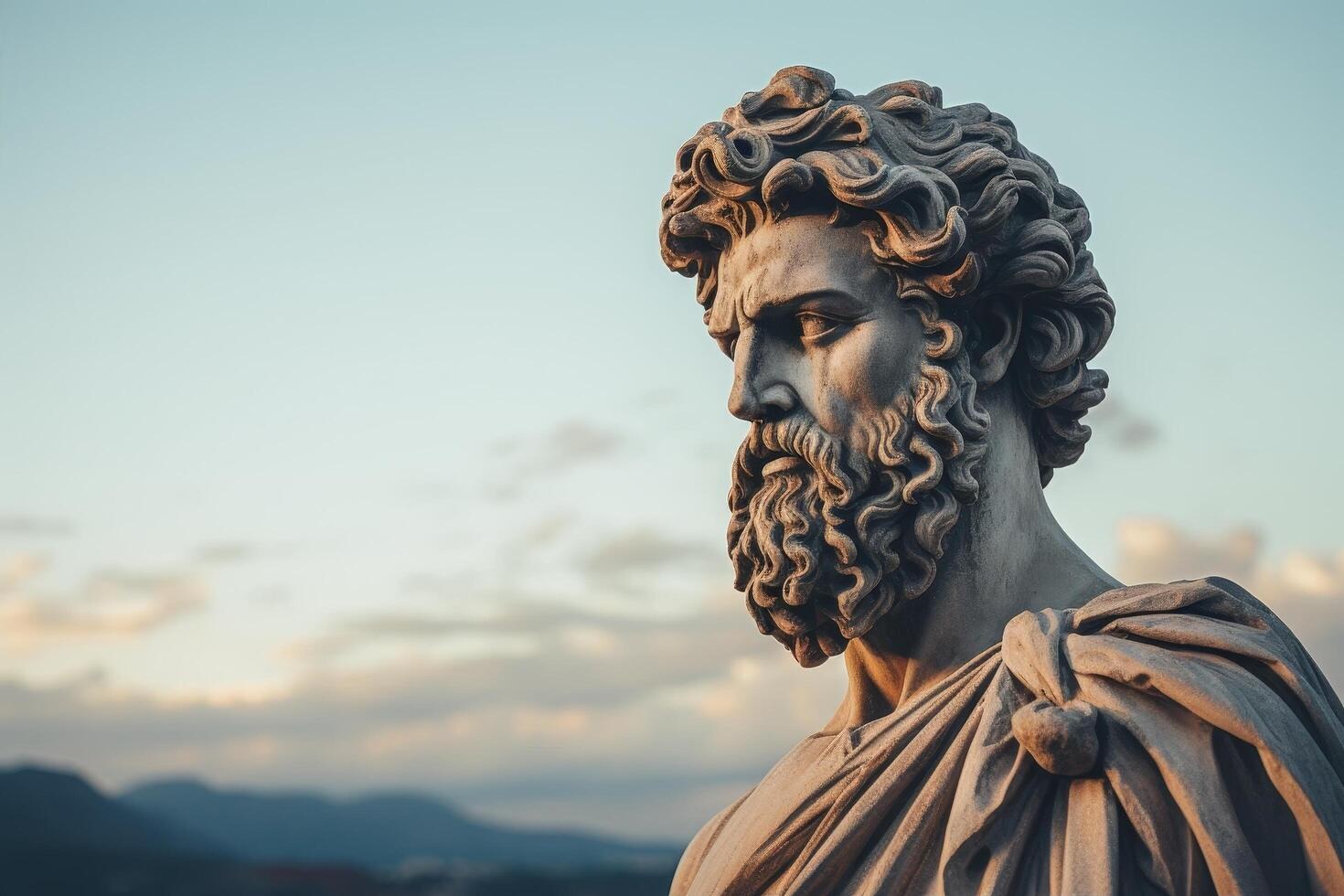 Statue of an ancient greek philosopher with curly hair and beard photo