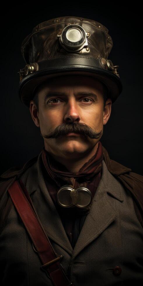 Steampunk engineer in dark portrait photo