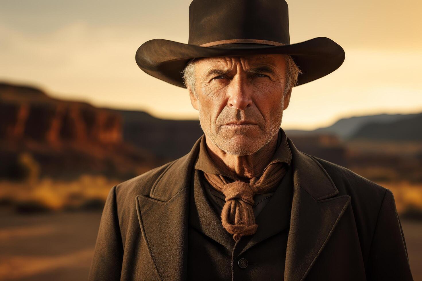 Rugged cowboy in western landscape at sunset photo
