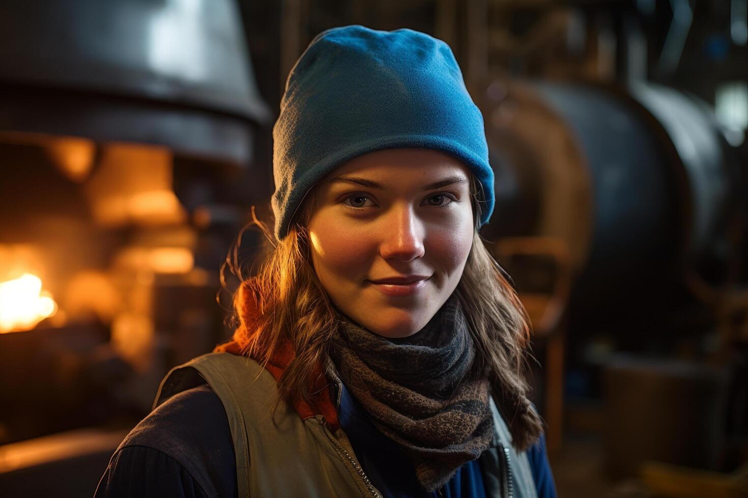 Portrait of a young woman in a blue hat and scarf photo