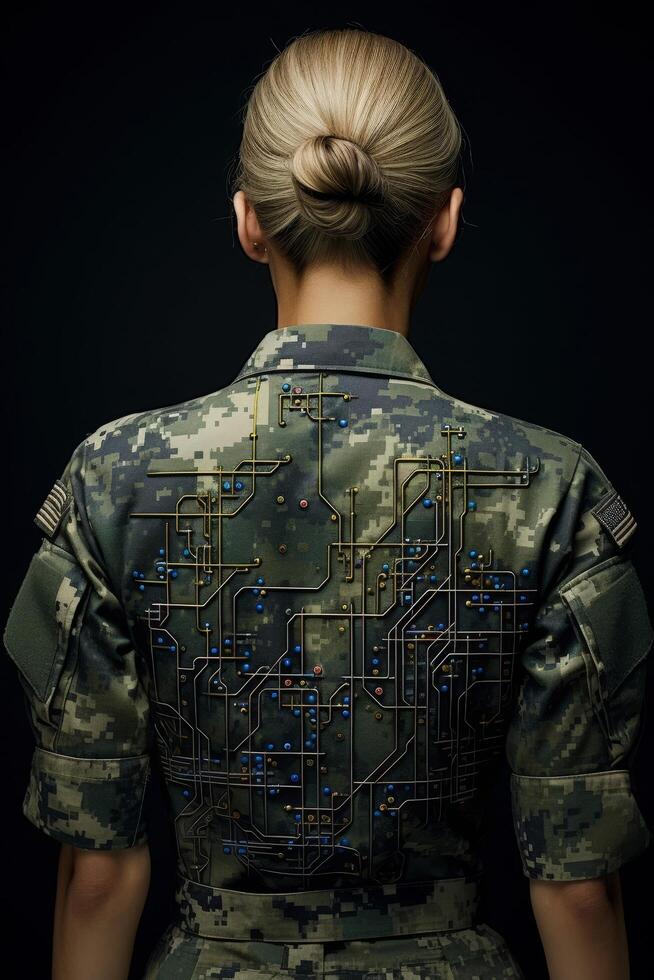 Futuristic military uniform with circuit board pattern photo