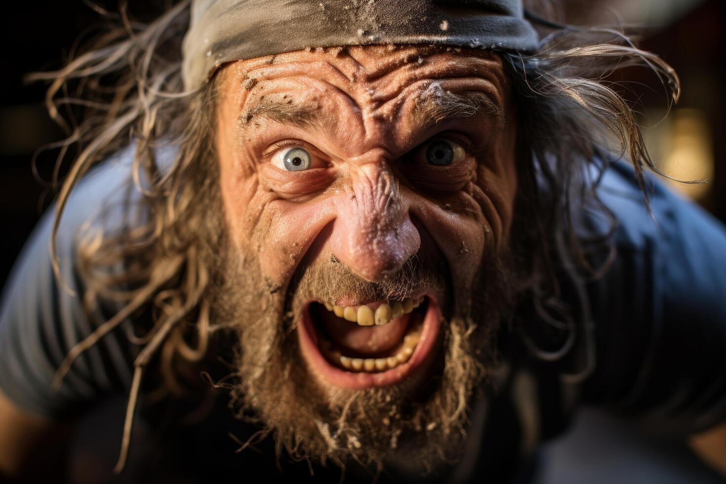 Intense close up of a wild looking man with a grizzly beard and intense expression photo