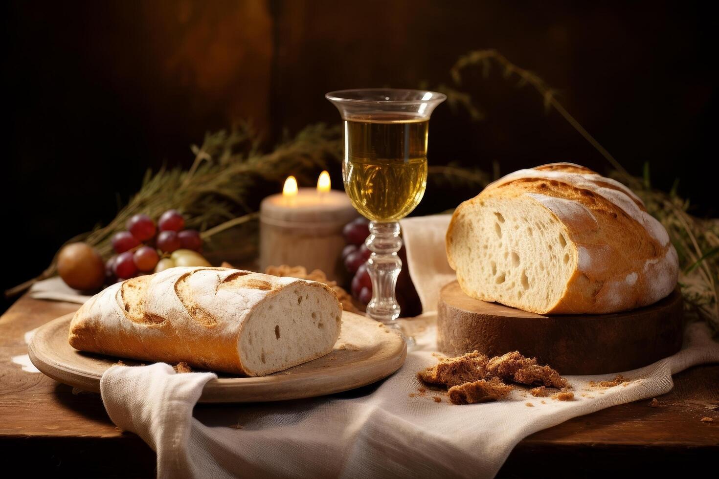Rustic bread and wine still life photo