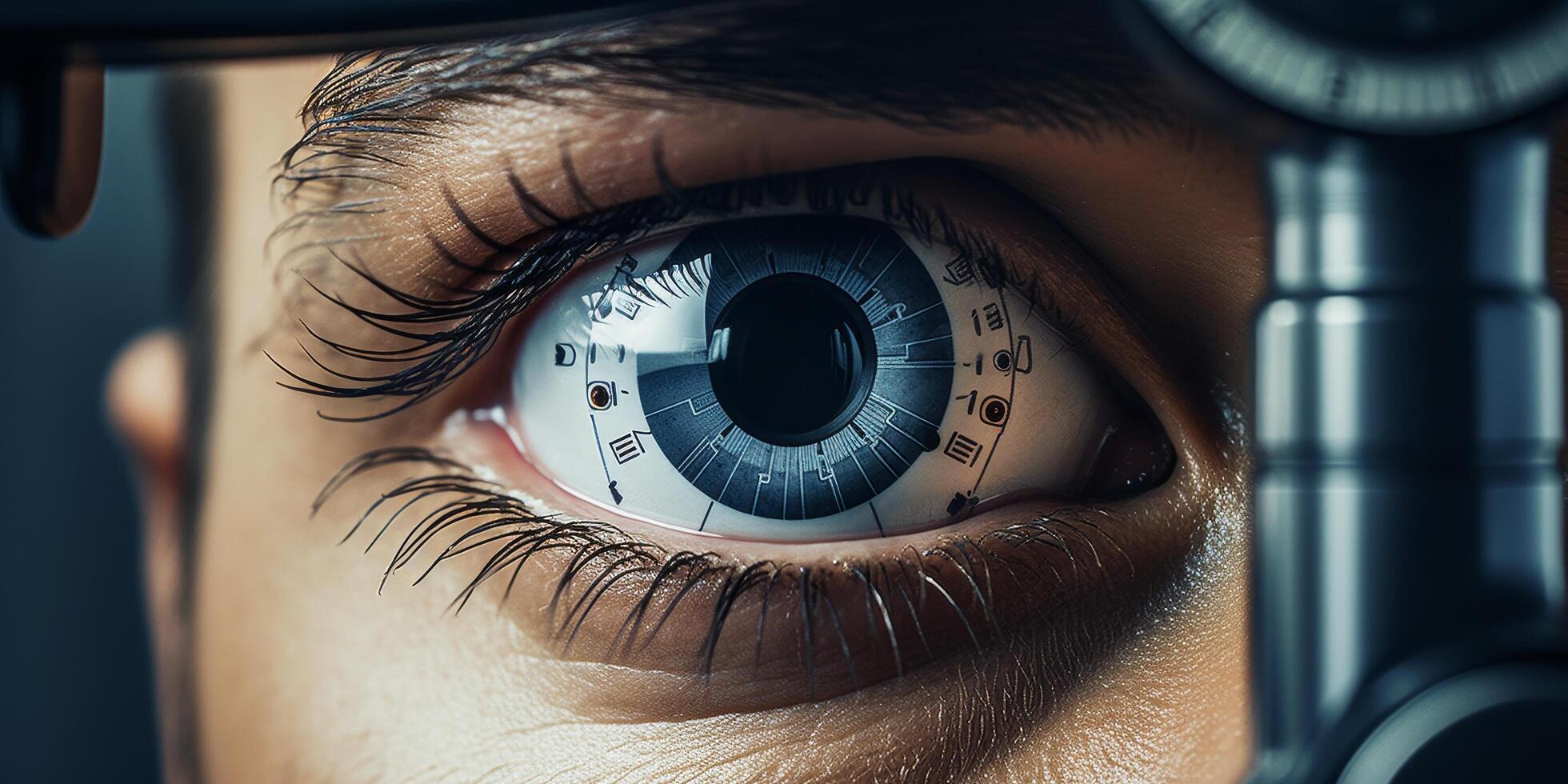 Close up view of a human eye with a futuristic iris photo