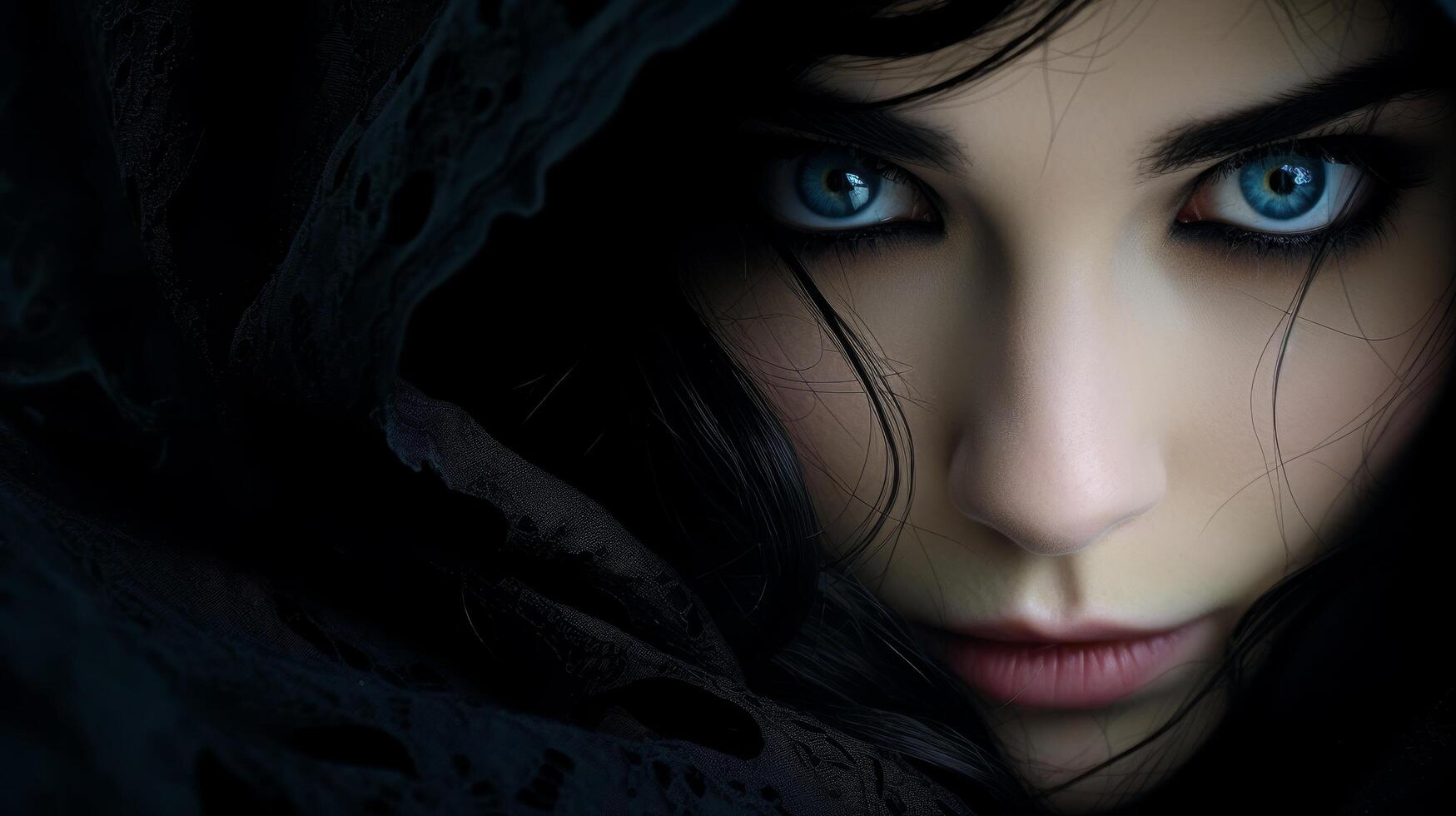 Mysterious woman with dark hair and piercing blue eyes photo